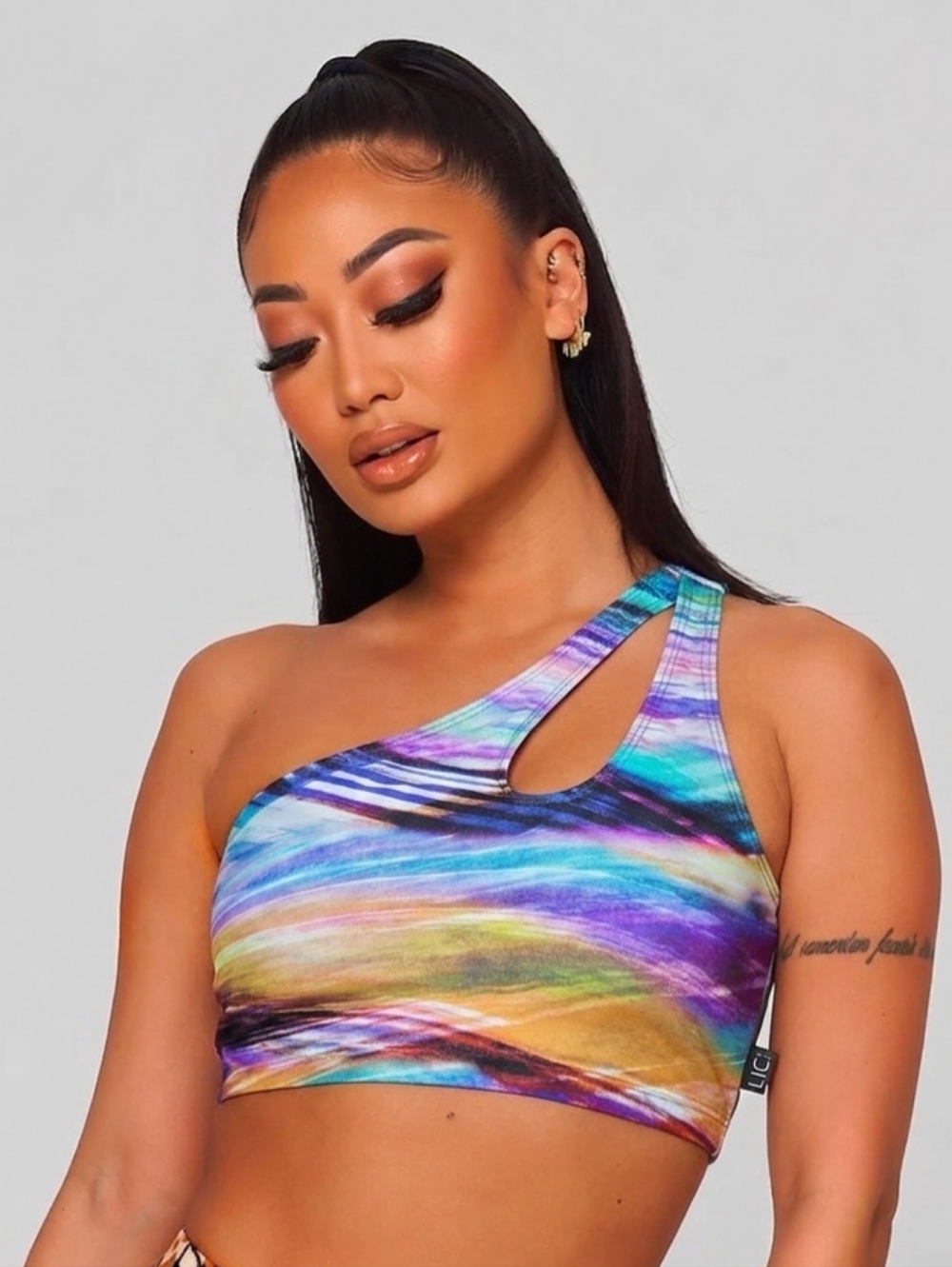 LiCi Fit Electric Sunset One-Shoulder Sports Bra Cutout Crop Top
